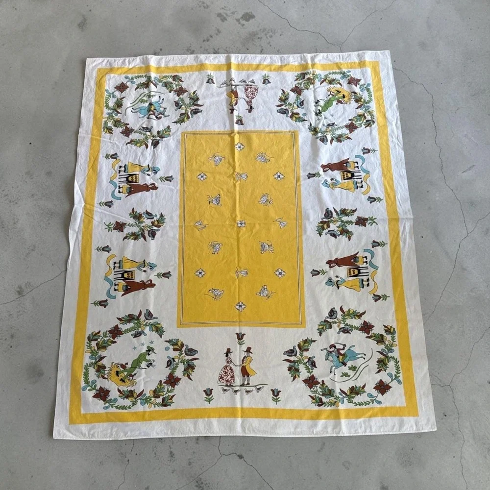 Vintage Folk Art Tablecloth Yellow Dutch Figures Floral Wreath 50x62 Rectangular